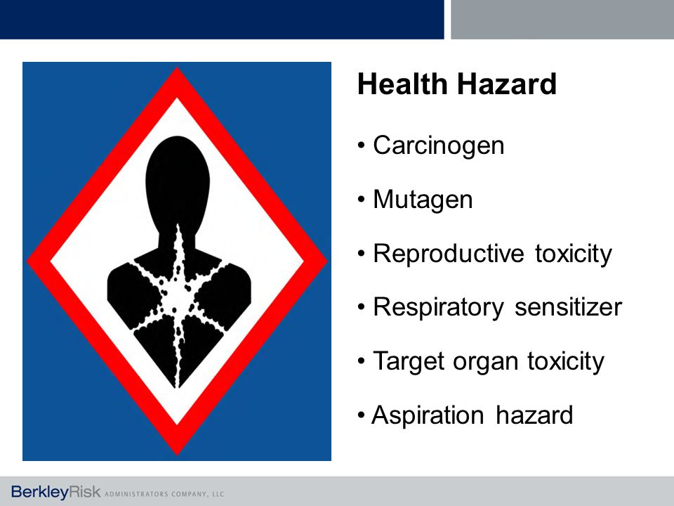 Health Hazard Carcinogen Mutagen Reproductive toxicity Respiratory sensitizer Target organ toxicity Aspiration hazard