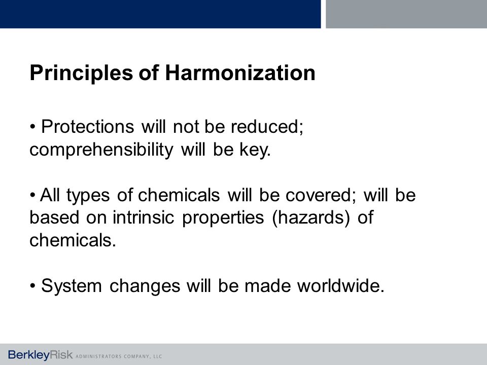 Principles of Harmonization Protections will not be reduced; comprehensibility will be key.