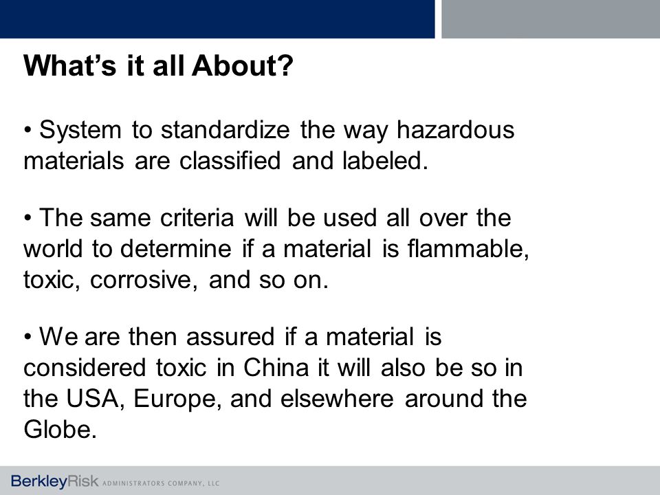 What’s it all About. System to standardize the way hazardous materials are classified and labeled.