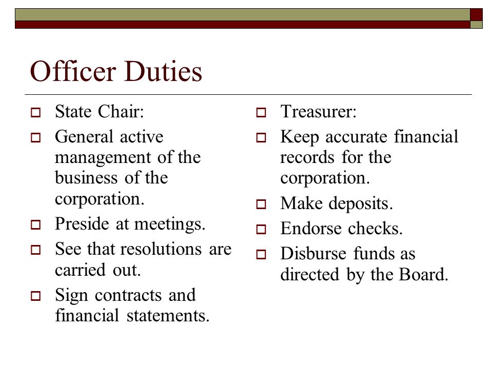 Officer Duties  State Chair:  General active management of the business of the corporation.
