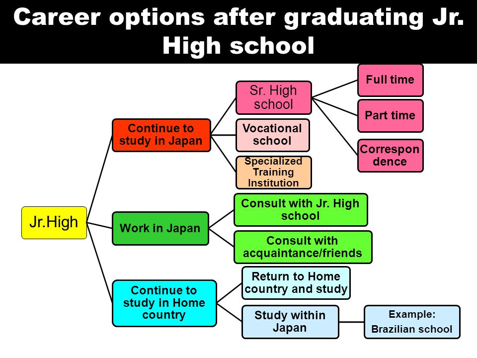 Career options after graduating Jr. High school Jr.High Continue to study in Japan Sr.