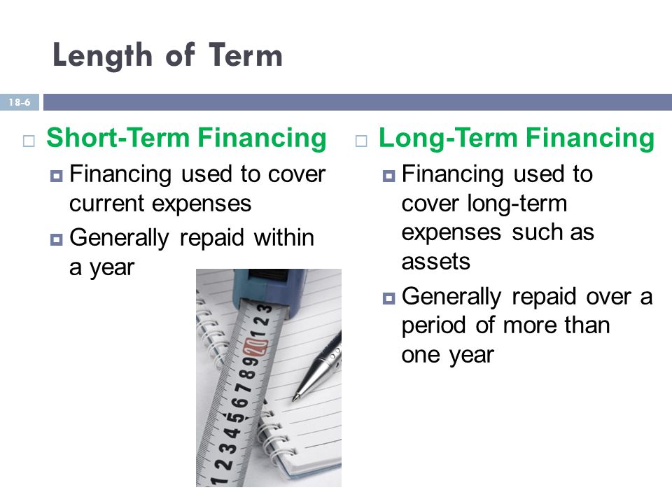 Length of Term  Short-Term Financing  Financing used to cover current expenses  Generally repaid within a year  Long-Term Financing  Financing used to cover long-term expenses such as assets  Generally repaid over a period of more than one year 18-6