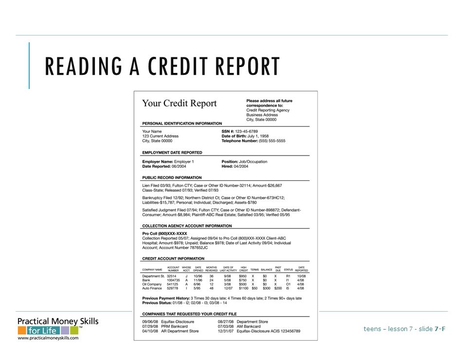 READING A CREDIT REPORT teens – lesson 7 - slide 7-F