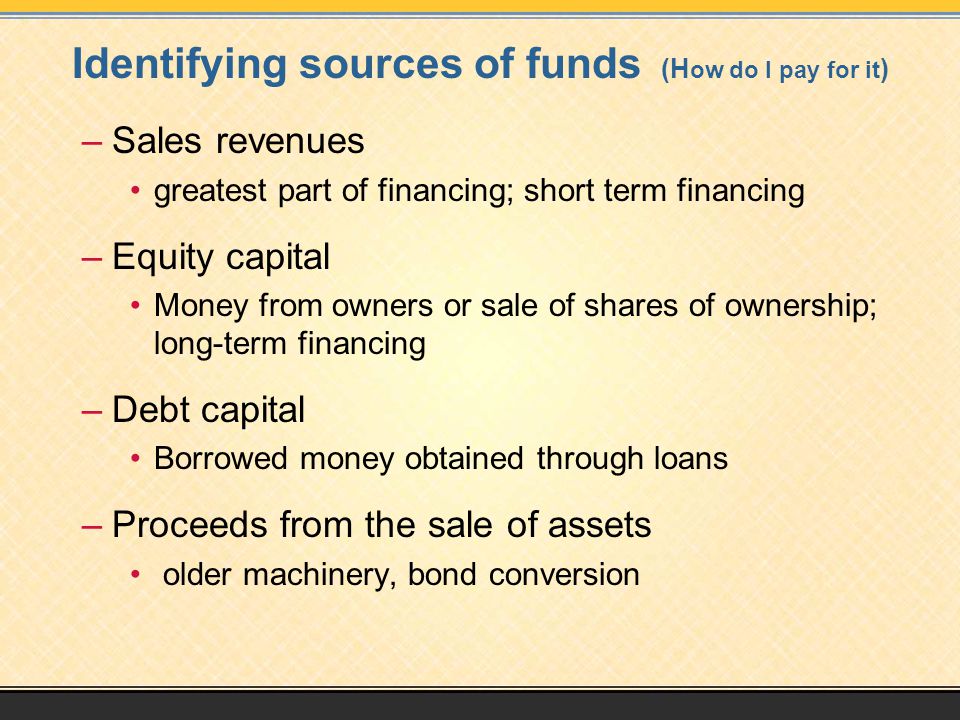 Identifying sources of funds (H ow do I pay for it ) –Sales revenues greatest part of financing; short term financing –Equity capital Money from owners or sale of shares of ownership; long-term financing –Debt capital Borrowed money obtained through loans –Proceeds from the sale of assets older machinery, bond conversion