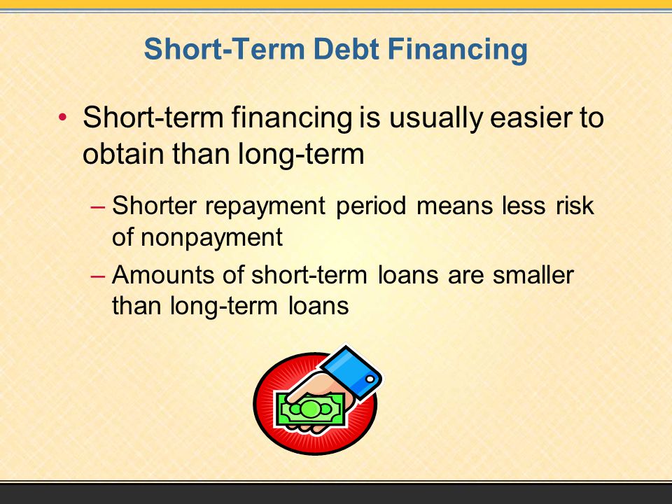 Short-Term Debt Financing Short-term financing is usually easier to obtain than long-term –Shorter repayment period means less risk of nonpayment –Amounts of short-term loans are smaller than long-term loans