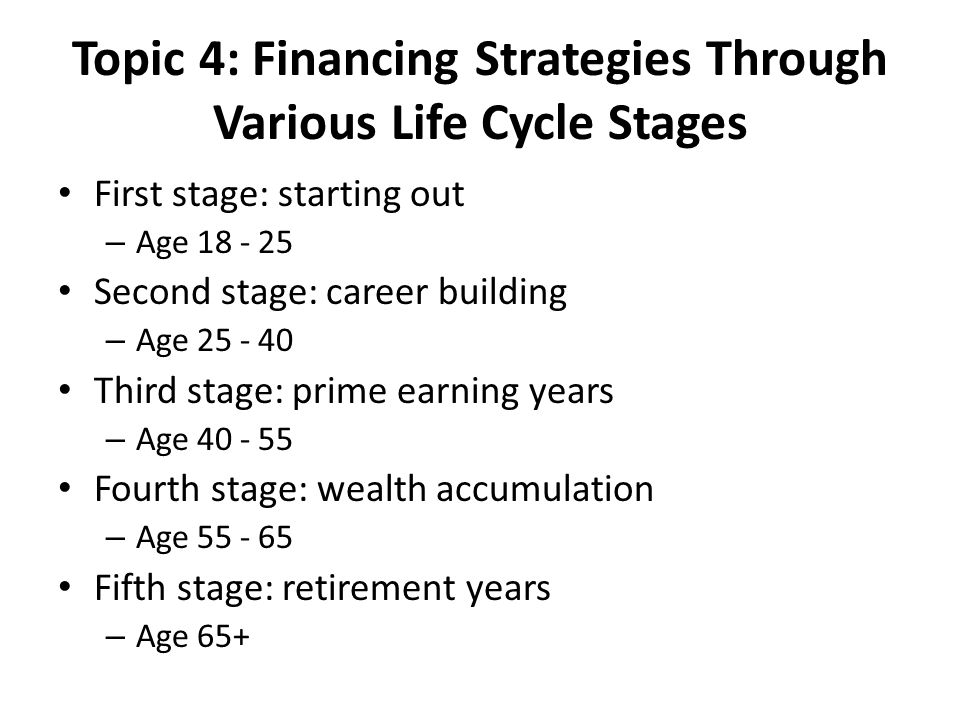 Topic 4: Financing Strategies Through Various Life Cycle Stages First stage: starting out – Age Second stage: career building – Age Third stage: prime earning years – Age Fourth stage: wealth accumulation – Age Fifth stage: retirement years – Age 65+