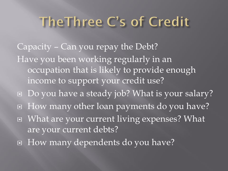 Capacity – Can you repay the Debt.