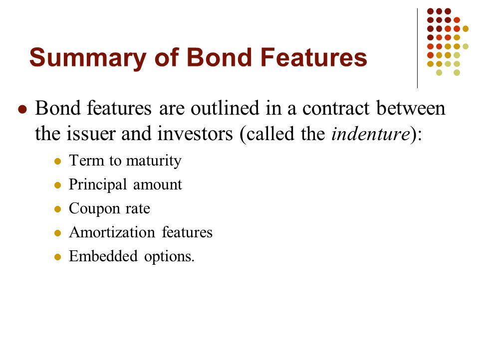 Summary of Bond Features Bond features are outlined in a contract between the issuer and investors ( called the indenture): Term to maturity Principal amount Coupon rate Amortization features Embedded options.