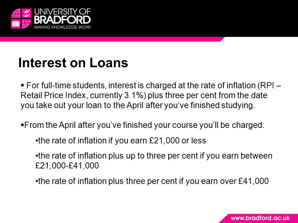 Interest on Loans  For full-time students, interest is charged at the rate of inflation (RPI – Retail Price Index, currently 3.1%) plus three per cent from the date you take out your loan to the April after you’ve finished studying.
