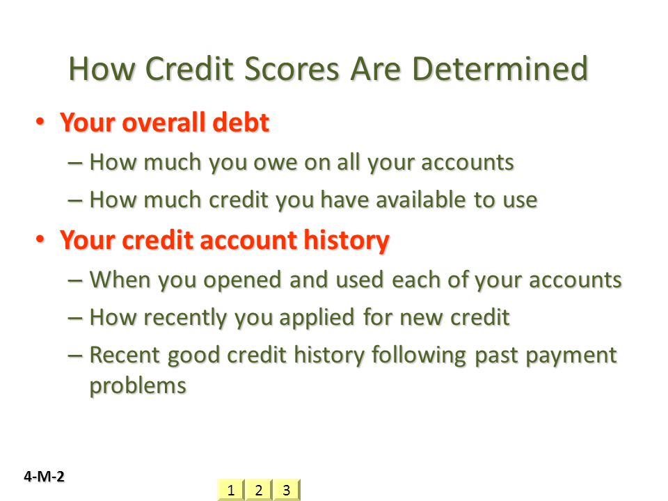 How Credit Scores Are Determined Your overall debt Your overall debt – How much you owe on all your accounts – How much credit you have available to use Your credit account history Your credit account history – When you opened and used each of your accounts – How recently you applied for new credit – Recent good credit history following past payment problems 4-M-2 321