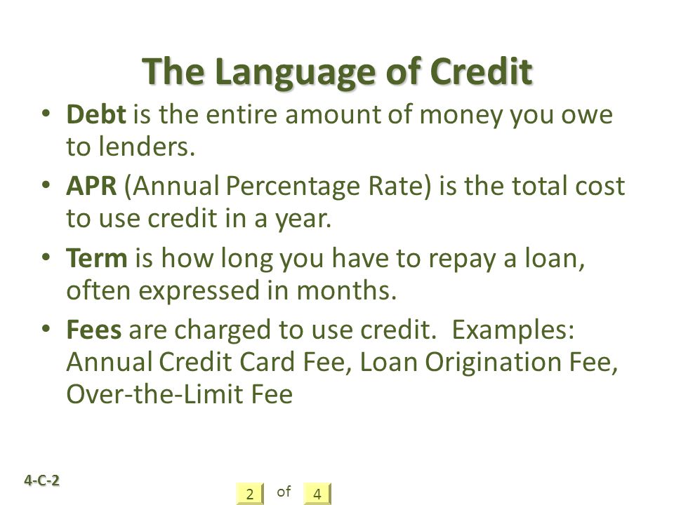 4-C-2 Debt is the entire amount of money you owe to lenders.