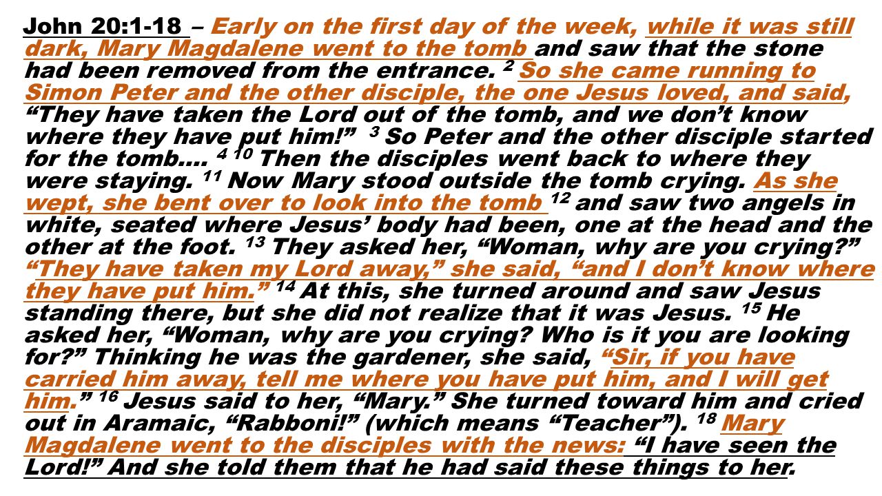 John 20:1-18 – Early on the first day of the week, while it was still dark, Mary Magdalene went to the tomb and saw that the stone had been removed from the entrance.