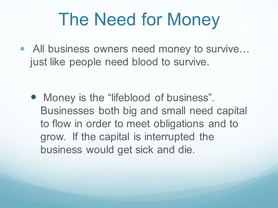 The Need for Money All business owners need money to survive… just like people need blood to survive.