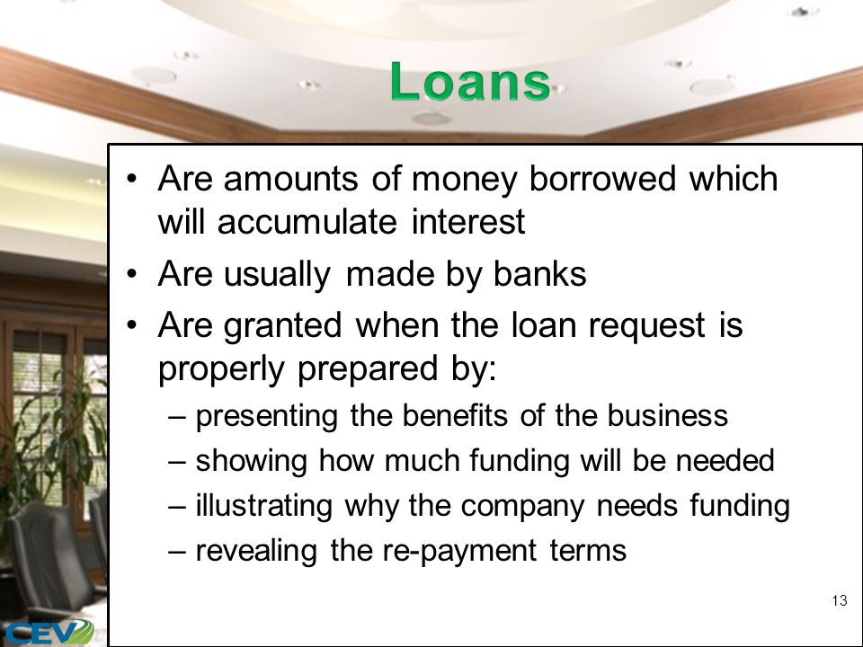 Are amounts of money borrowed which will accumulate interest Are usually made by banks Are granted when the loan request is properly prepared by: –presenting the benefits of the business –showing how much funding will be needed –illustrating why the company needs funding –revealing the re-payment terms 13