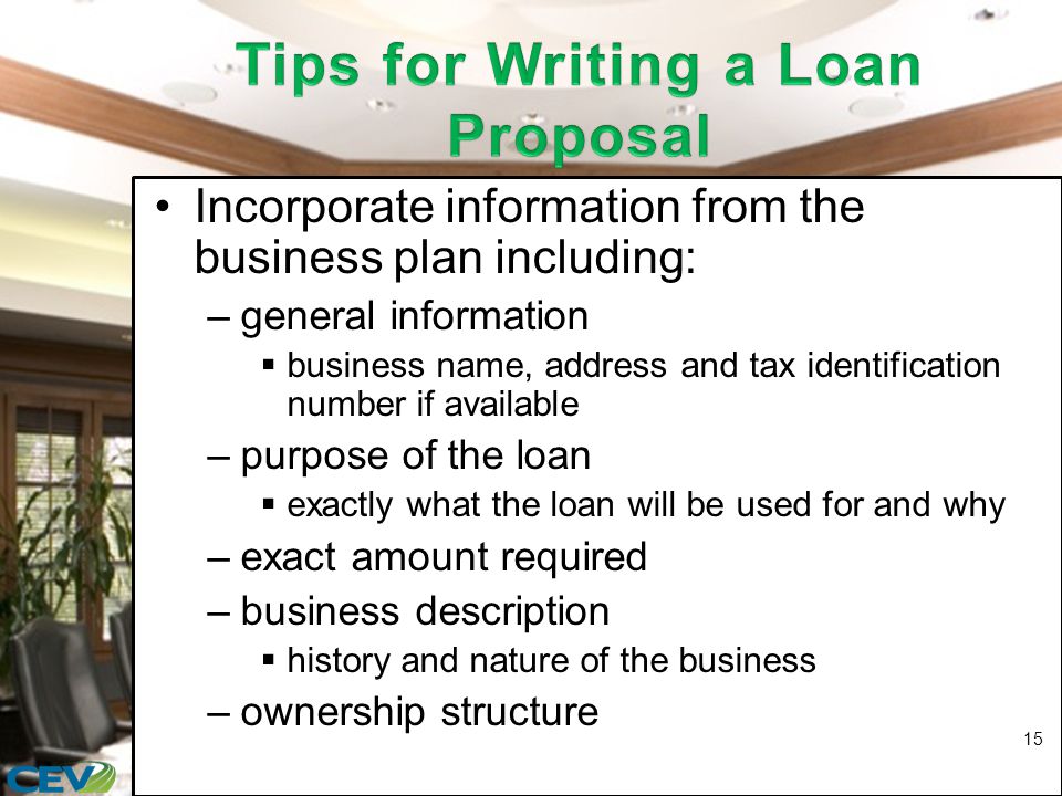 Incorporate information from the business plan including: –general information  business name, address and tax identification number if available –purpose of the loan  exactly what the loan will be used for and why –exact amount required –business description  history and nature of the business –ownership structure 15