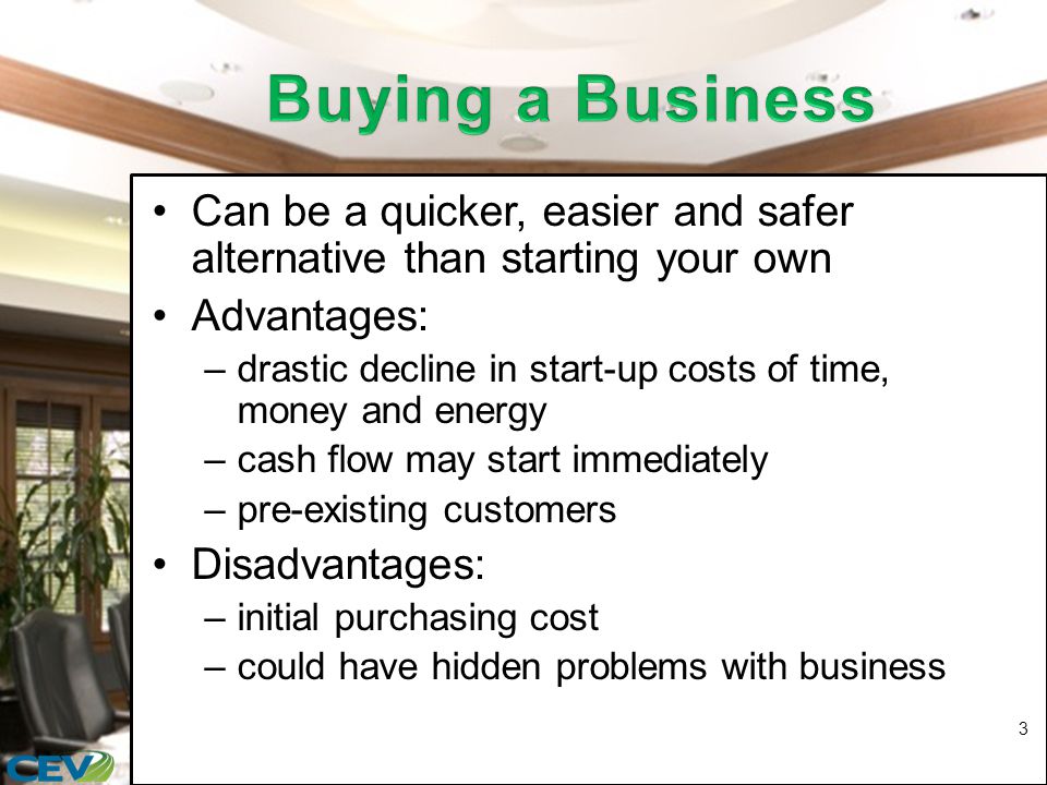 Can be a quicker, easier and safer alternative than starting your own Advantages: –drastic decline in start-up costs of time, money and energy –cash flow may start immediately –pre-existing customers Disadvantages: –initial purchasing cost –could have hidden problems with business 3