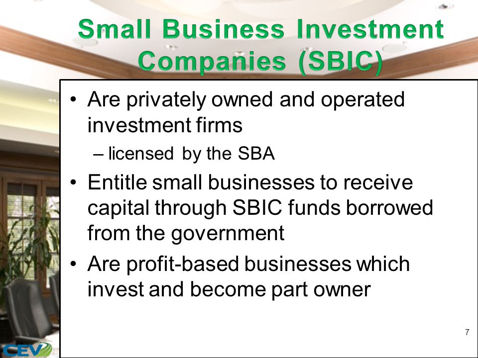 Are privately owned and operated investment firms –licensed by the SBA Entitle small businesses to receive capital through SBIC funds borrowed from the government Are profit-based businesses which invest and become part owner 7