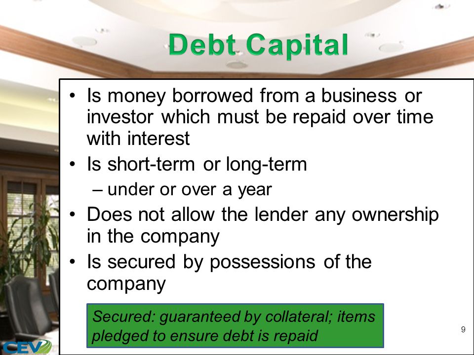 Is money borrowed from a business or investor which must be repaid over time with interest Is short-term or long-term –under or over a year Does not allow the lender any ownership in the company Is secured by possessions of the company 9 Secured: guaranteed by collateral; items pledged to ensure debt is repaid