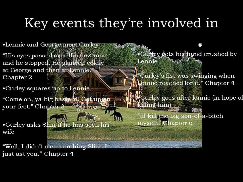 Key events they’re involved in Lennie and George meet Curley His eyes passed over the new men and he stopped.