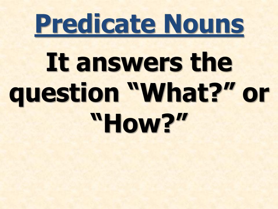 Predicate Nouns It answers the question What or How