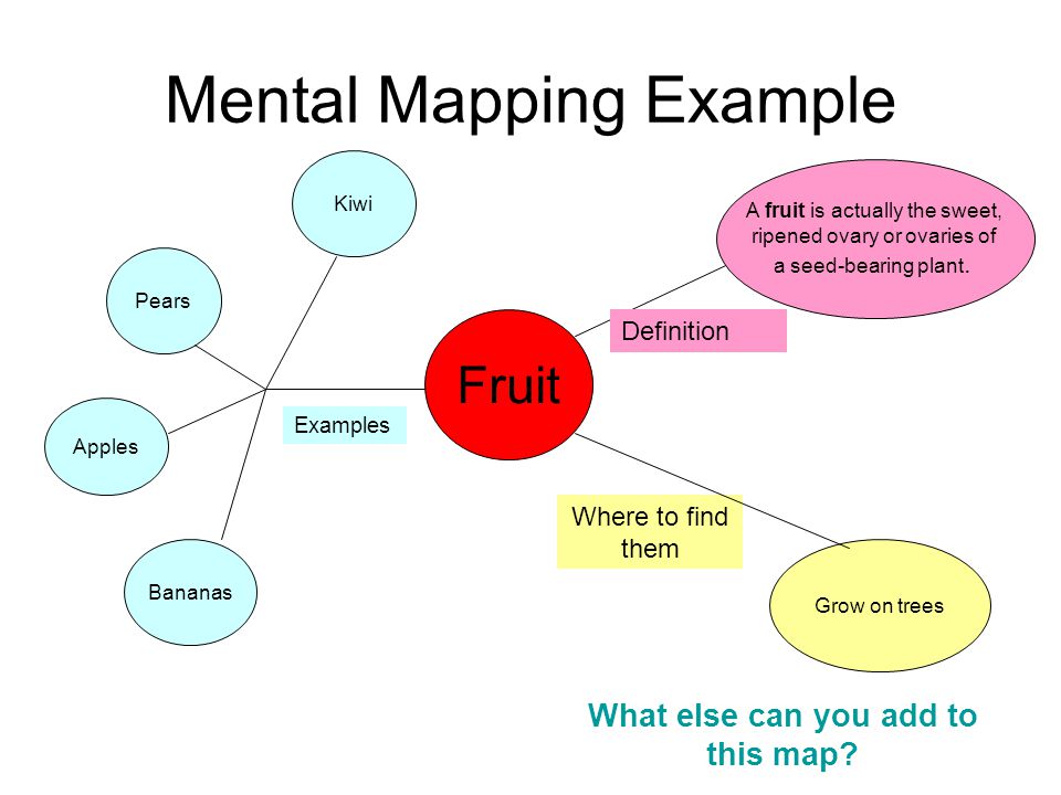 Mental Mapping Example Fruit A fruit is actually the sweet, ripened ovary or ovaries of a seed-bearing plant.