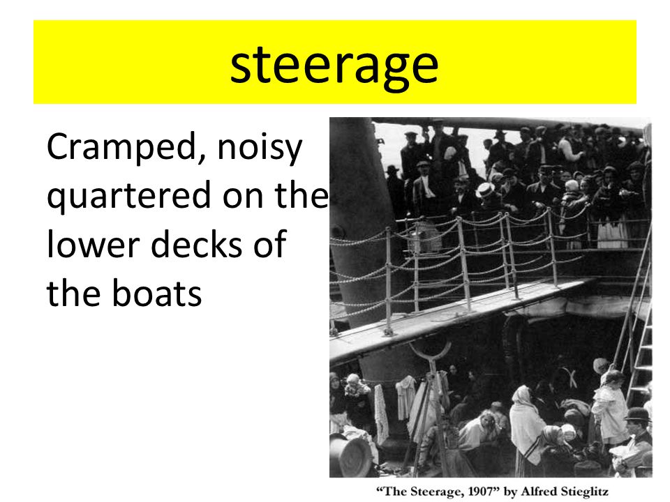 steerage Cramped, noisy quartered on the lower decks of the boats