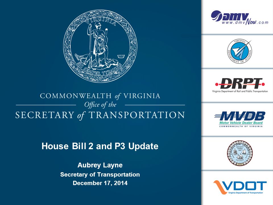 House Bill 2 and P3 Update Aubrey Layne Secretary of Transportation December 17, 2014