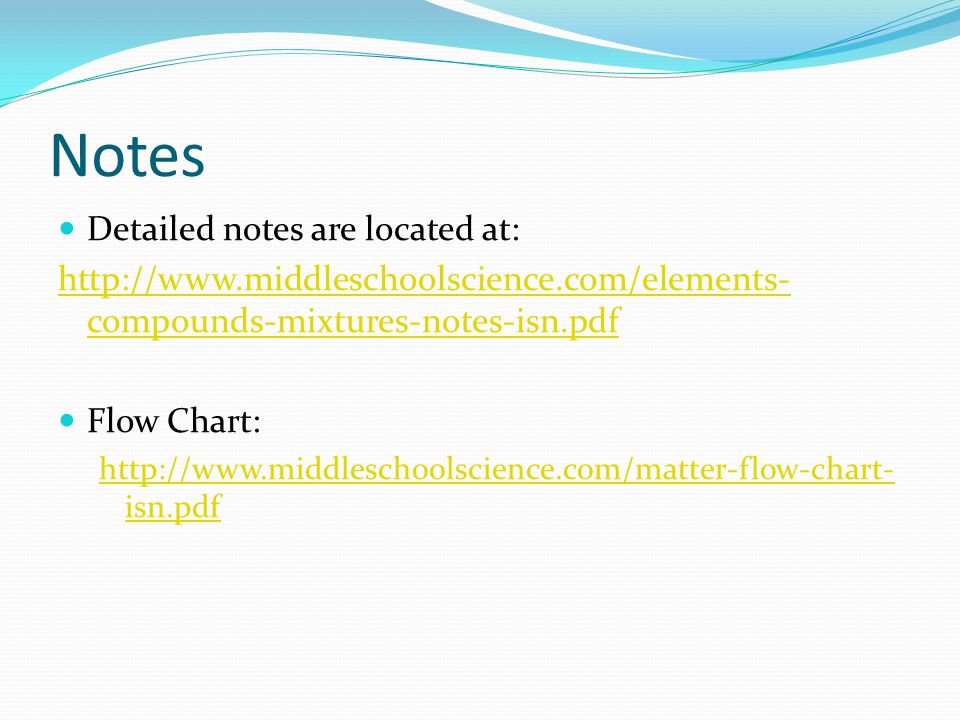 Notes Detailed notes are located at:   compounds-mixtures-notes-isn.pdf Flow Chart:   isn.pdf
