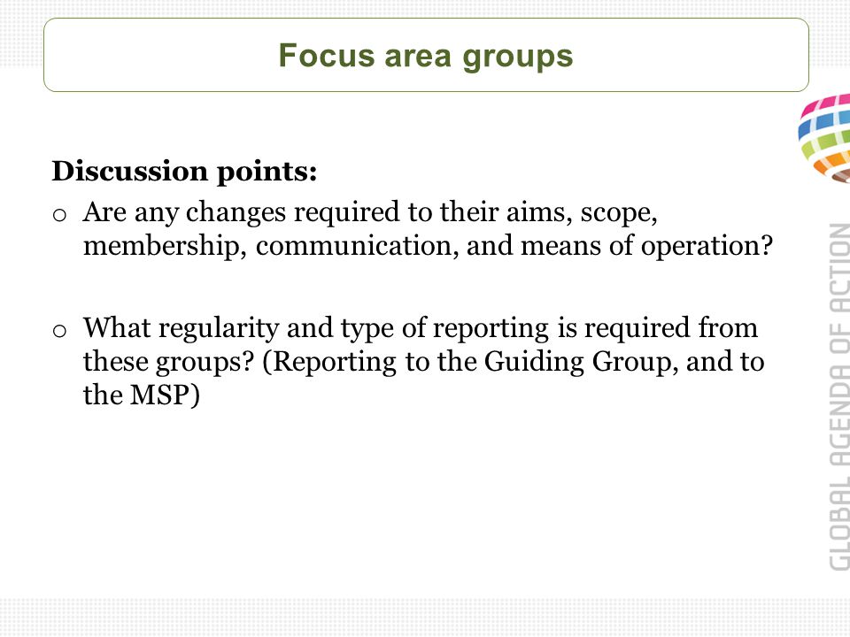Focus area groups Discussion points: o Are any changes required to their aims, scope, membership, communication, and means of operation.