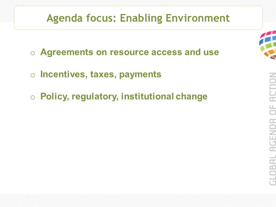 Agenda focus: Enabling Environment o Agreements on resource access and use o Incentives, taxes, payments o Policy, regulatory, institutional change