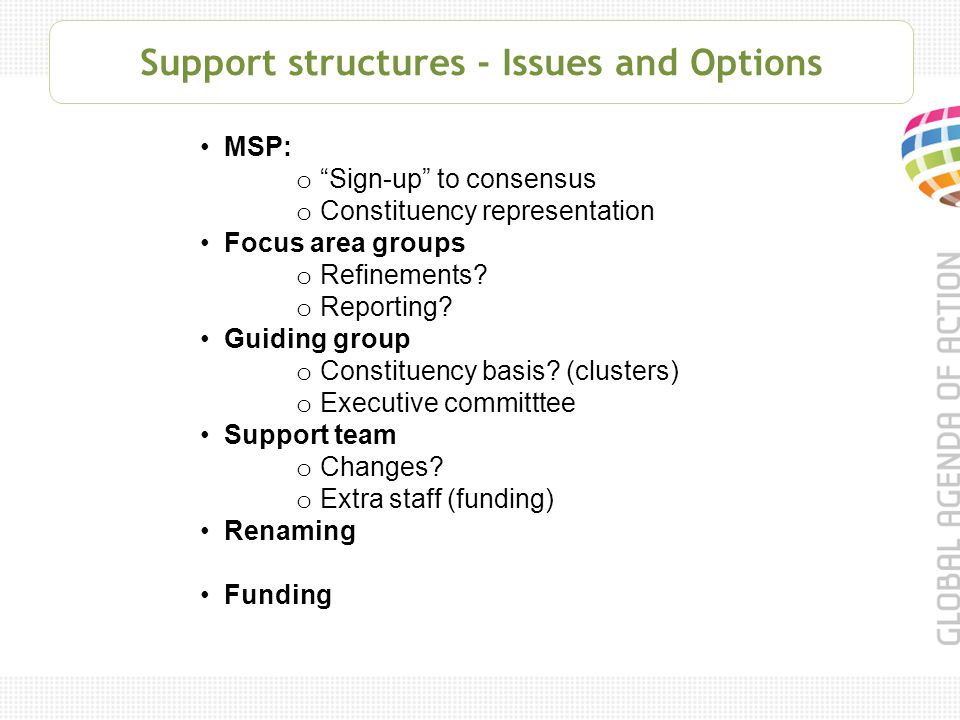 Support structures - Issues and Options MSP: o Sign-up to consensus o Constituency representation Focus area groups o Refinements.