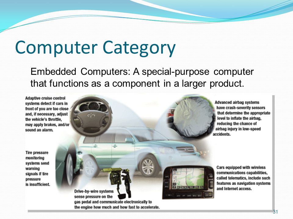 Computer Category Embedded Computers: A special-purpose computer that functions as a component in a larger product.