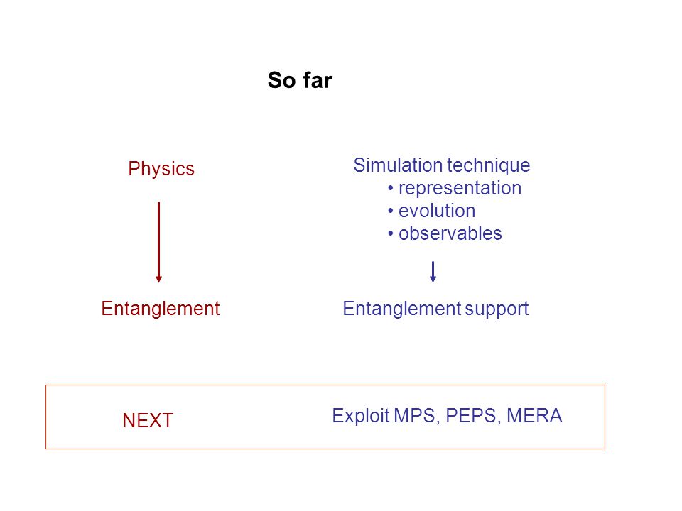 So far Physics Simulation technique representation evolution observables EntanglementEntanglement support Exploit MPS, PEPS, MERA NEXT