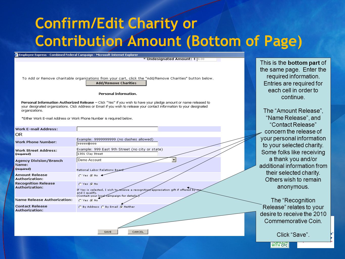 Confirm/Edit Charity or Contribution Amount (Bottom of Page) This is the bottom part of the same page.
