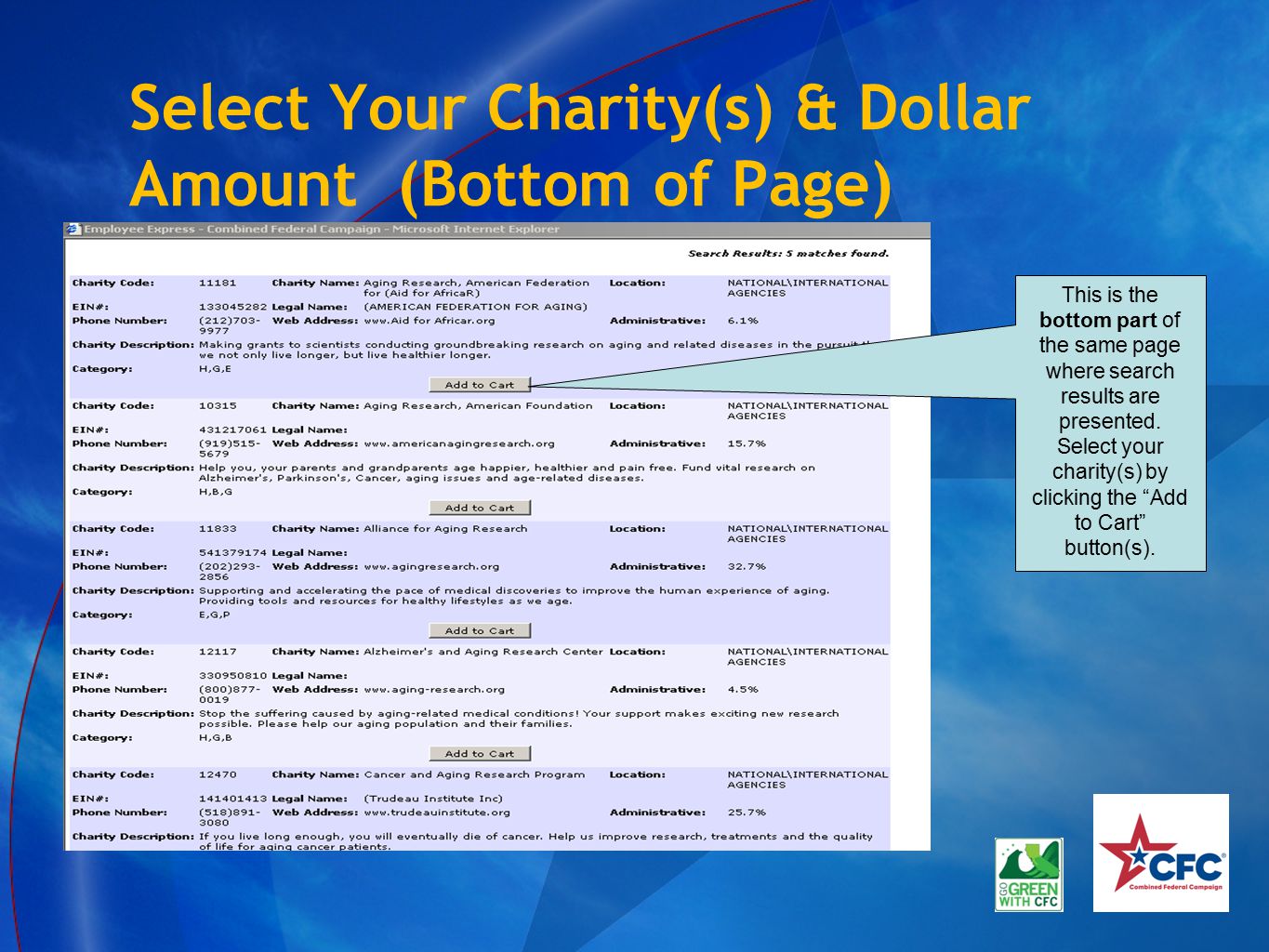 Select Your Charity(s) & Dollar Amount (Bottom of Page) This is the bottom part of the same page where search results are presented.
