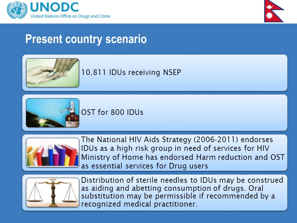 Present country scenario 10,811 IDUs receiving NSEP OST for 800 IDUs The National HIV Aids Strategy ( ) endorses IDUs as a high risk group in need of services for HIV Ministry of Home has endorsed Harm reduction and OST as essential services for Drug users Distribution of sterile needles to IDUs may be construed as aiding and abetting consumption of drugs.