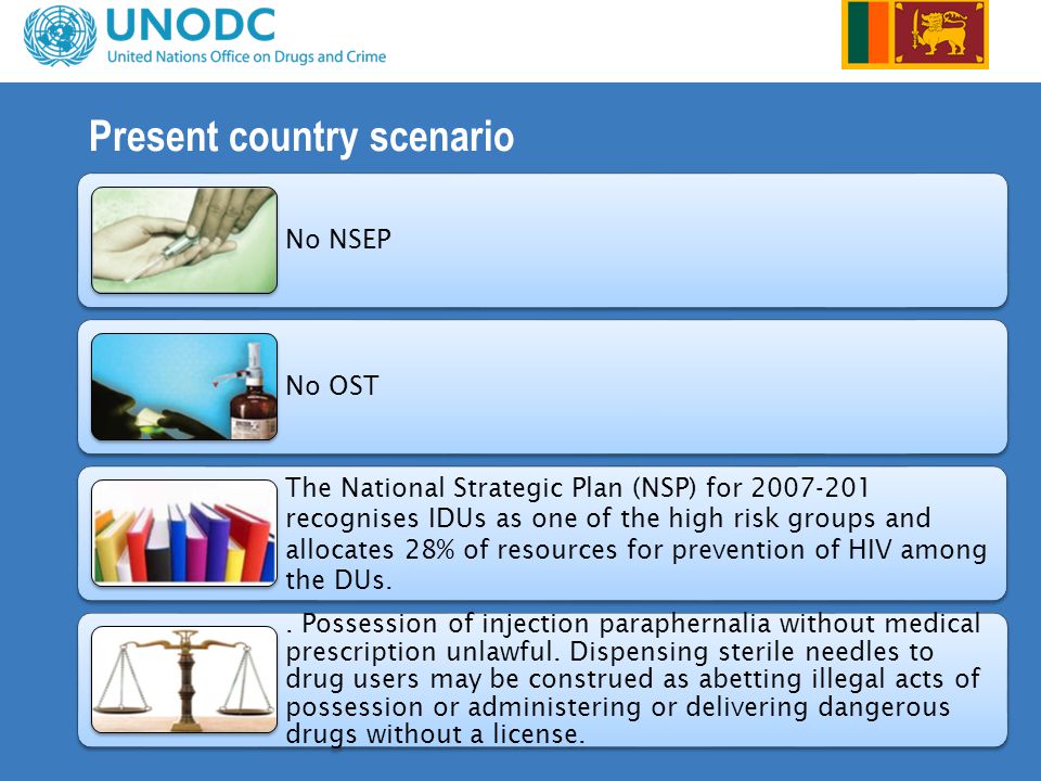 Present country scenario No NSEP No OST The National Strategic Plan (NSP) for recognises IDUs as one of the high risk groups and allocates 28% of resources for prevention of HIV among the DUs..