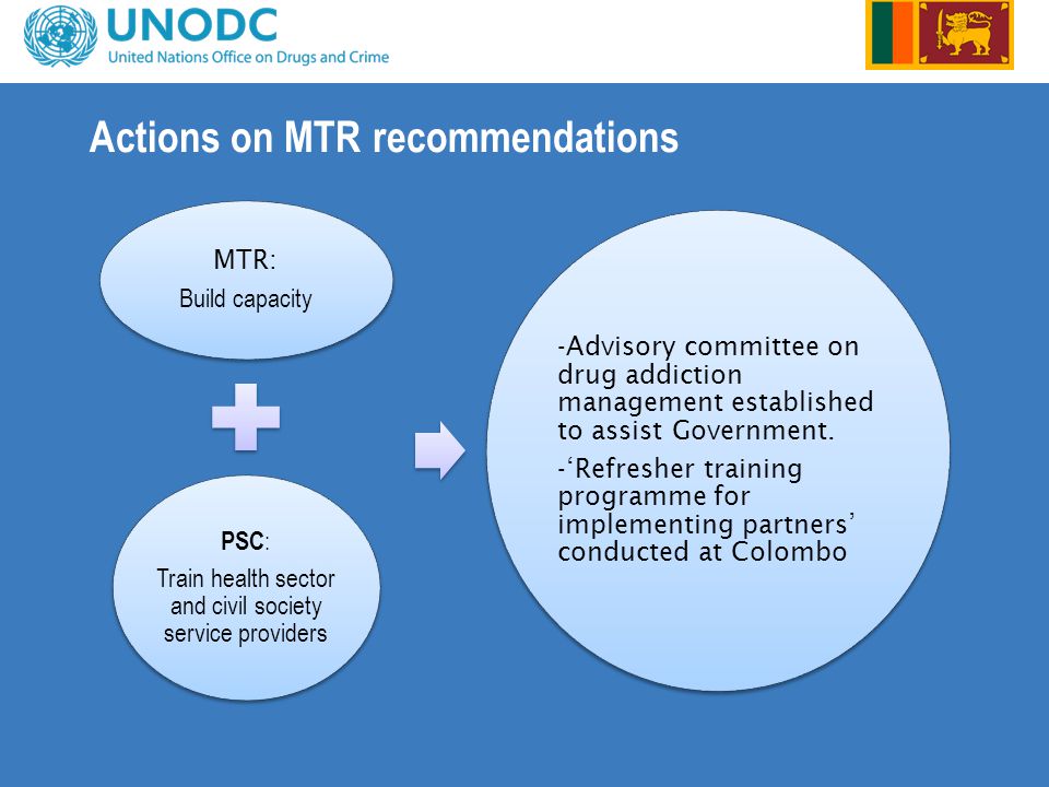Actions on MTR recommendations MTR: Build capacity PSC : Train health sector and civil society service providers -Advisory committee on drug addiction management established to assist Government.