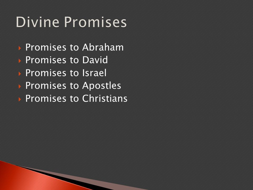  Promises to Abraham  Promises to David  Promises to Israel  Promises to Apostles  Promises to Christians