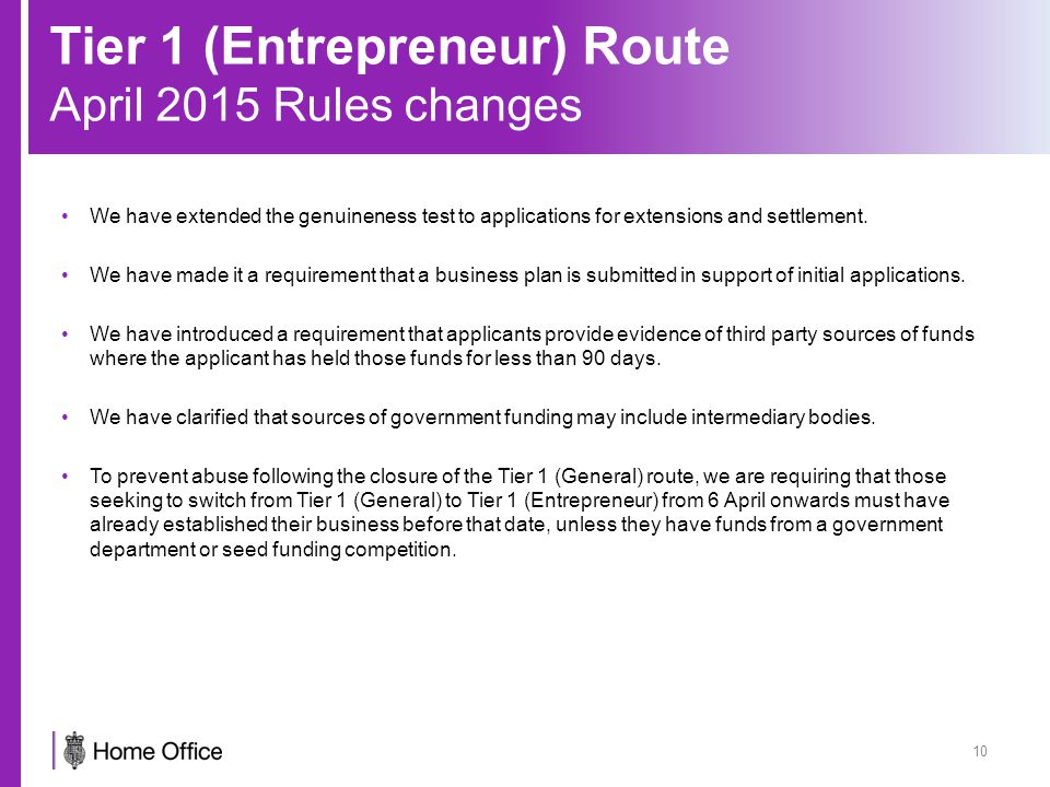 Tier 1 (Entrepreneur) Route April 2015 Rules changes 10 We have extended the genuineness test to applications for extensions and settlement.