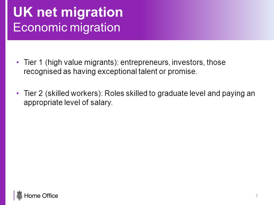 UK net migration Economic migration 5 Tier 1 (high value migrants): entrepreneurs, investors, those recognised as having exceptional talent or promise.