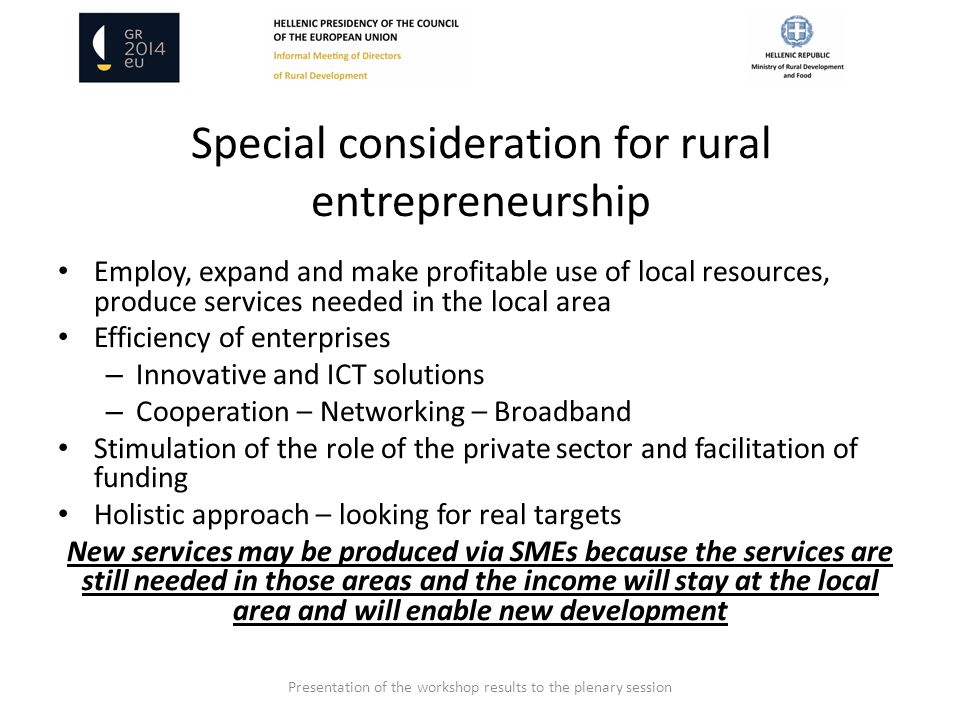 Special consideration for rural entrepreneurship Employ, expand and make profitable use of local resources, produce services needed in the local area Efficiency of enterprises – Innovative and ICT solutions – Cooperation – Networking – Broadband Stimulation of the role of the private sector and facilitation of funding Holistic approach – looking for real targets New services may be produced via SMEs because the services are still needed in those areas and the income will stay at the local area and will enable new development Presentation of the workshop results to the plenary session
