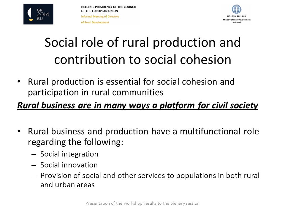 Social role of rural production and contribution to social cohesion Rural production is essential for social cohesion and participation in rural communities Rural business are in many ways a platform for civil society Rural business and production have a multifunctional role regarding the following: – Social integration – Social innovation – Provision of social and other services to populations in both rural and urban areas Presentation of the workshop results to the plenary session