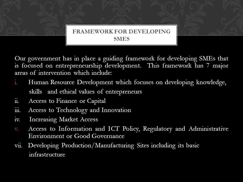 Our government has in place a guiding framework for developing SMEs that is focused on entrepreneurship development.