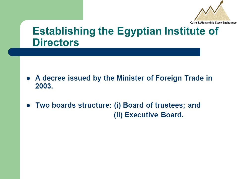 Establishing the Egyptian Institute of Directors A decree issued by the Minister of Foreign Trade in 2003.