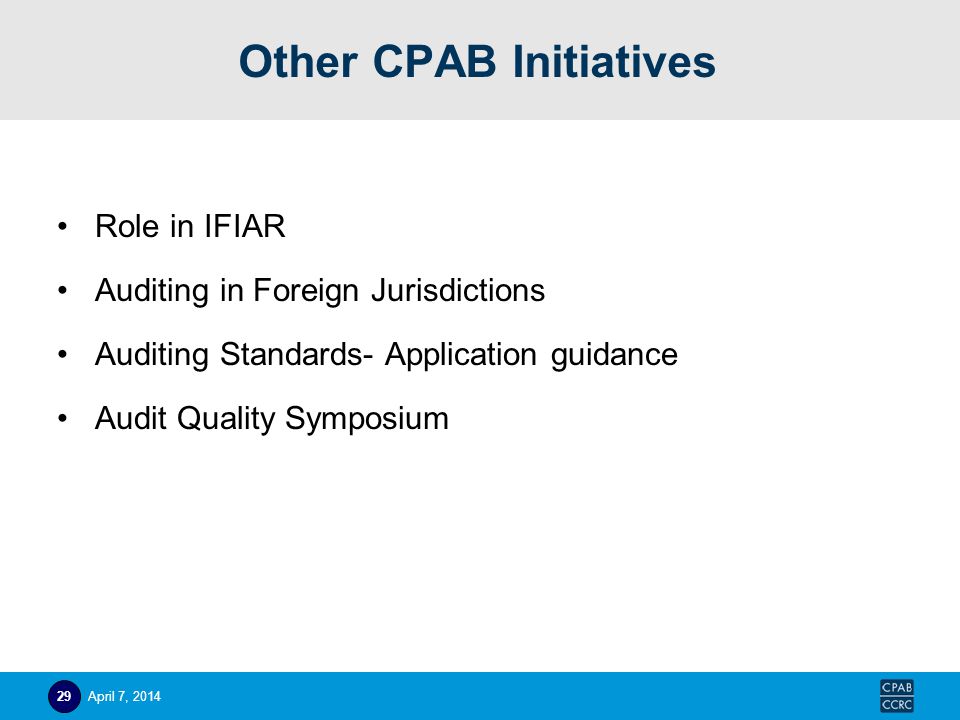 Other CPAB Initiatives Role in IFIAR Auditing in Foreign Jurisdictions Auditing Standards- Application guidance Audit Quality Symposium April 7,