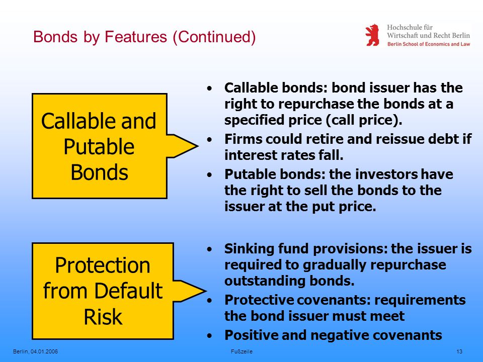 Berlin, Fußzeile13 Bonds by Features (Continued) Callable and Putable Bonds Callable bonds: bond issuer has the right to repurchase the bonds at a specified price (call price).