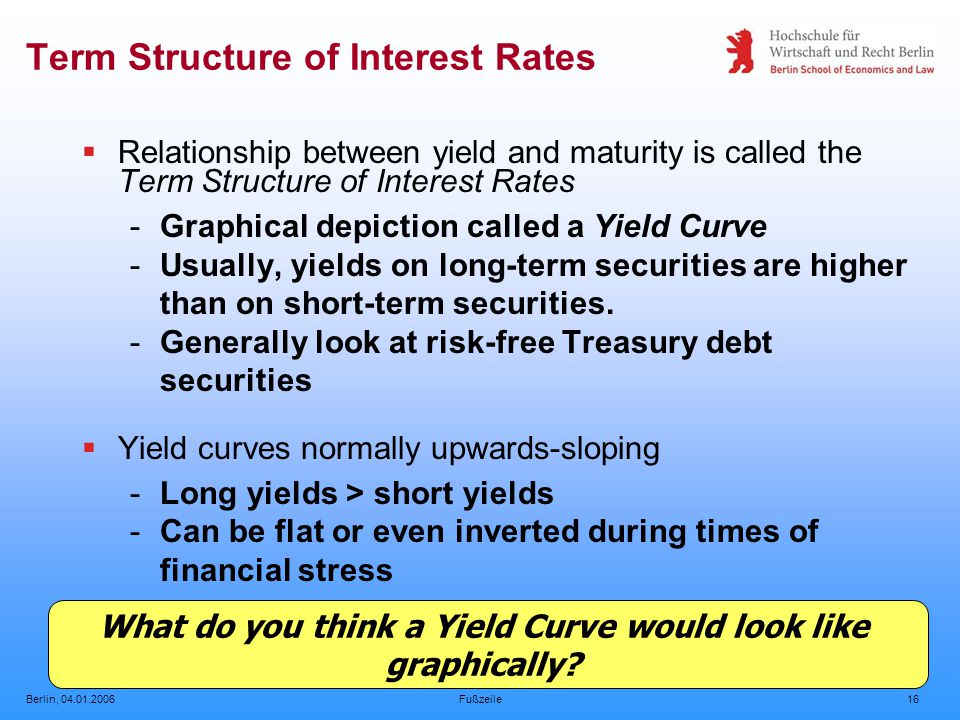 Berlin, Fußzeile16 Term Structure of Interest Rates  Relationship between yield and maturity is called the Term Structure of Interest Rates -Graphical depiction called a Yield Curve -Usually, yields on long-term securities are higher than on short-term securities.