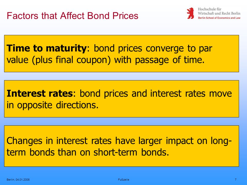 Berlin, Fußzeile7 Factors that Affect Bond Prices Time to maturity: bond prices converge to par value (plus final coupon) with passage of time.