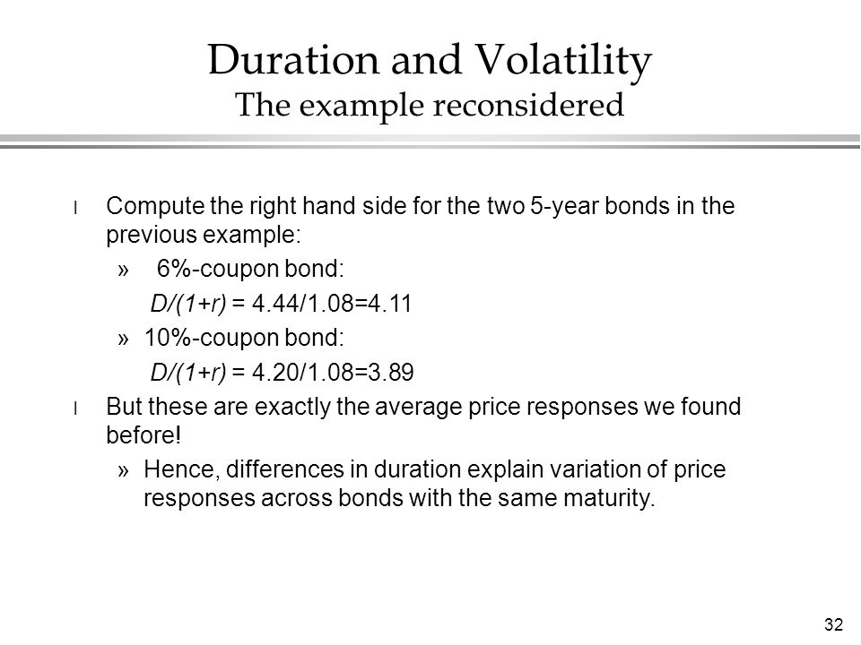 32 Duration and Volatility The example reconsidered l Compute the right hand side for the two 5-year bonds in the previous example: » 6%-coupon bond: D/(1+r) = 4.44/1.08=4.11 »10%-coupon bond: D/(1+r) = 4.20/1.08=3.89 l But these are exactly the average price responses we found before.